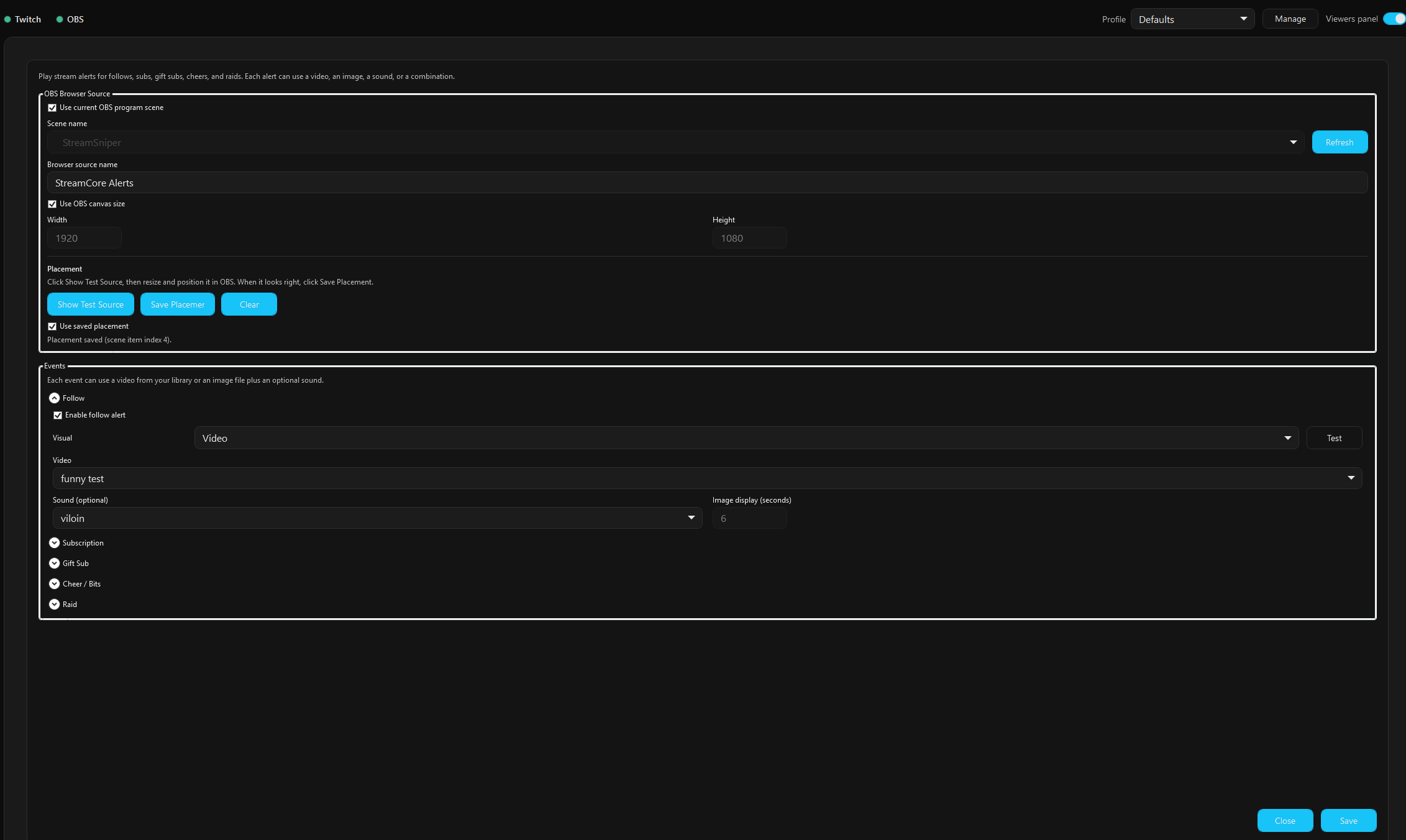 StreamCore alerts configuration screen showing OBS browser source settings and per-event alert media options.
