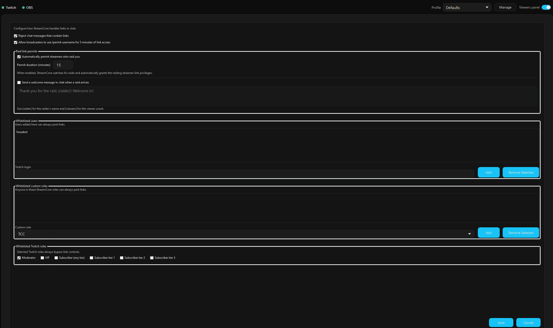StreamCore link controls settings screen showing user, role, and Twitch-role whitelist options.